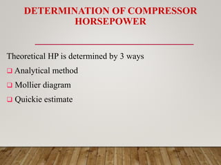 DETERMINATION OF COMPRESSOR
HORSEPOWER
Theoretical HP is determined by 3 ways
 Analytical method
 Mollier diagram
 Quickie estimate
 