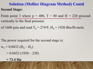 Solution (Mollier Diagram Method) Contd
Second Stage:
From point 3 where p = 400, T = 80 and H = 220 proceed
vertically to the final pressure
of 1600 psia and read T4 = 274oF, H4 = 1920 Btu/Ib-mole.
The power required for the second stage is:
w2 = 0.0432 (H4 – H3)
= 0.0432 (1920 – 220)
= 73.4 Hp
 