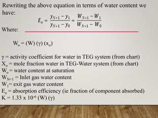 Rewriting the above equation in terms of water content we
have:
Where:
Wo = (W) (γ) (xo)
γ = activity coefficient for water in TEG system (from chart)
Xo = mole fraction water in TEG-Water system (from chart)
Wo = water content at saturation
WN+1 = Inlet gas water content
W1= exit gas water content
Ea = absorption efficiency (ie fraction of component absorbed)
K = 1.33 x 10-6 (W) (γ)
 