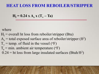 HEAT LOSS FROM REBOILER/STRIPPER
Hl = 0.24 x As x (Tv – Ta)
where
Hl = overall ht loss from reboiler/stripper (Btu)
As = total exposed surface area of reboiler/stripper (ft2)
Tv = temp. of fluid in the vessel (oF)
Ta = min. ambient air temperature (oF)
0.24 = ht loss from large insulated surfaces (Btuh/ft2)
 