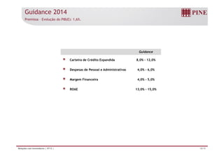 Guidance 2014 
Guidance 
Premissa – Evolução do PIB(E): 1,6%. 
Carteira de Crédito Expandida 8,0% – 12,0% 
Despesas de Pessoal e Administrativas 4,0% - 6,0% 
Margem Financeira 4,0% - 5,0% 
ROAE 13,0% - 15,0% 
Relações com Investidores | 4T13 | 18/19 
 