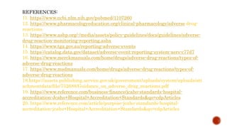REFERENCES:
11. https://www.ncbi.nlm.nih.gov/pubmed/1107260
12. https://www.pharmacologyeducation.org/clinical-pharmacology/adverse drug-
reactions
13. https://www.ashp.org/-/media/assets/policy-guidelines/docs/guidelines/adverse-
drug-reaction-monitoring-reporting.ashx
14. https://www.tga.gov.au/reporting-adverse-events
15. https://catalog.data.gov/dataset/adverse-event-reporting-system-aers-c77d7
16. https://www.merckmanuals.com/home/drugs/adverse-drug-reactions/types-of-
adverse-drug-reactions
17. https://www.msdmanuals.com/home/drugs/adverse-drug-reactions/types-of-
adverse-drug-reactions
18.https://assets.publishing.service.gov.uk/government/uploads/system/uploads/att
achmentdata/file/752688/Guidance_on_adverse_drug_reactions.pdf
19. https://www.reference.com/business-finance/jcaho-standards-hospital-
accreditation-Jcaho+Hospital+Accreditation+Standards&qo=cdpArticles
20. https://www.reference.com/article/purpose-jcaho-standards-hospital-
accreditation-jcaho+Hospital+Accreditation+Standards&qo=cdpArticles
 