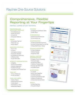 Paychex One-Source Solutions

  Comprehensive, Flexible
  Reporting at Your Fingertips
  PARTIAL LISTING OF KEY REPORTS

  RECRUITING AND                    TRAINING
  APPLICANT TRACKING                 • Training and Certification Dates
   •   Candidate Source              • Skills Report
   •   Hires per Source
   •   Time to Fill                 PERFORMANCE
   •   Employee Referrals            • Performance Reviews Due
                                     • Performance Log
  HIRING
   • Orientation Task List          COMPENSATION
   • New-Hire Log                    • Total Compensation Summary
   • Audit Report                    • Current Compensation by Job Title
                                     • Salary/Rate/Position History
  EMPLOYEE PROFILES
   •   Form W-4                     EXPENSE REPORTING
   •   Census                        • Policy Exceptions
   •   Emergency Contact             • Status Changes
   •   Employee Checklist            • Expense Totals
   •   Employees by Supervisor
                                    PAYROLL AND TAX
   •   Effective Dates
                                    ADMINISTRATION
   •   Event Reminders
                                     •   Register Prior to Processing
  BENEFITS ADMINISTRATION            •   General Ledger
   •   Eligibility                   •   Fiscal Year Report
   •   Proof of Presentation         •   Workers’ Compensation
   •   Election Statements           •   Excess Tips FICA Credit
   •   HIPAA Certificates            •   Certified Payroll
   •   Employee and Employer Cost
                                    COMPLIANCE
  TIME OFF                           •   I-9 Audit
   • Time-off Balances               •   EEO-I Job Categories
   • Time-off History                •   HIPAA Certificates
                                     •   Job Group Analysis by Age
  TIME AND LABOR                     •   Veterans Employment
   •   Status Report                 •   Citizenship-Visa Verification
   •   Approaching Overtime
   •   Tardy Report                 SAFETY
   •   Scheduled vs. Paid            • OSHA Reporting
   •   Attendance Report             • Accidents Report
 