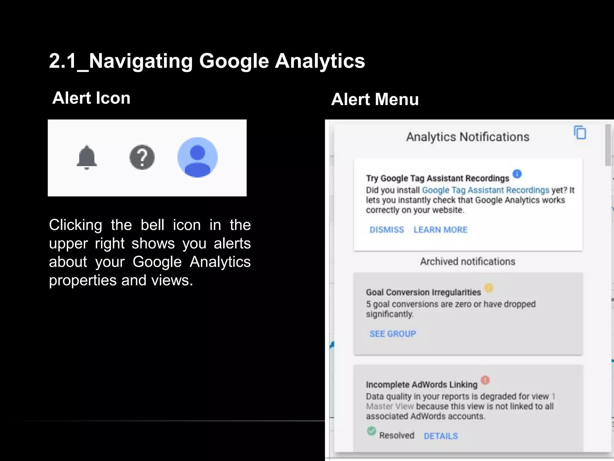 Alert Icon Alert Menu
Clicking the bell icon in the
upper right shows you alerts
about your Google Analytics
properties and views.
2.1_Navigating Google Analytics
 