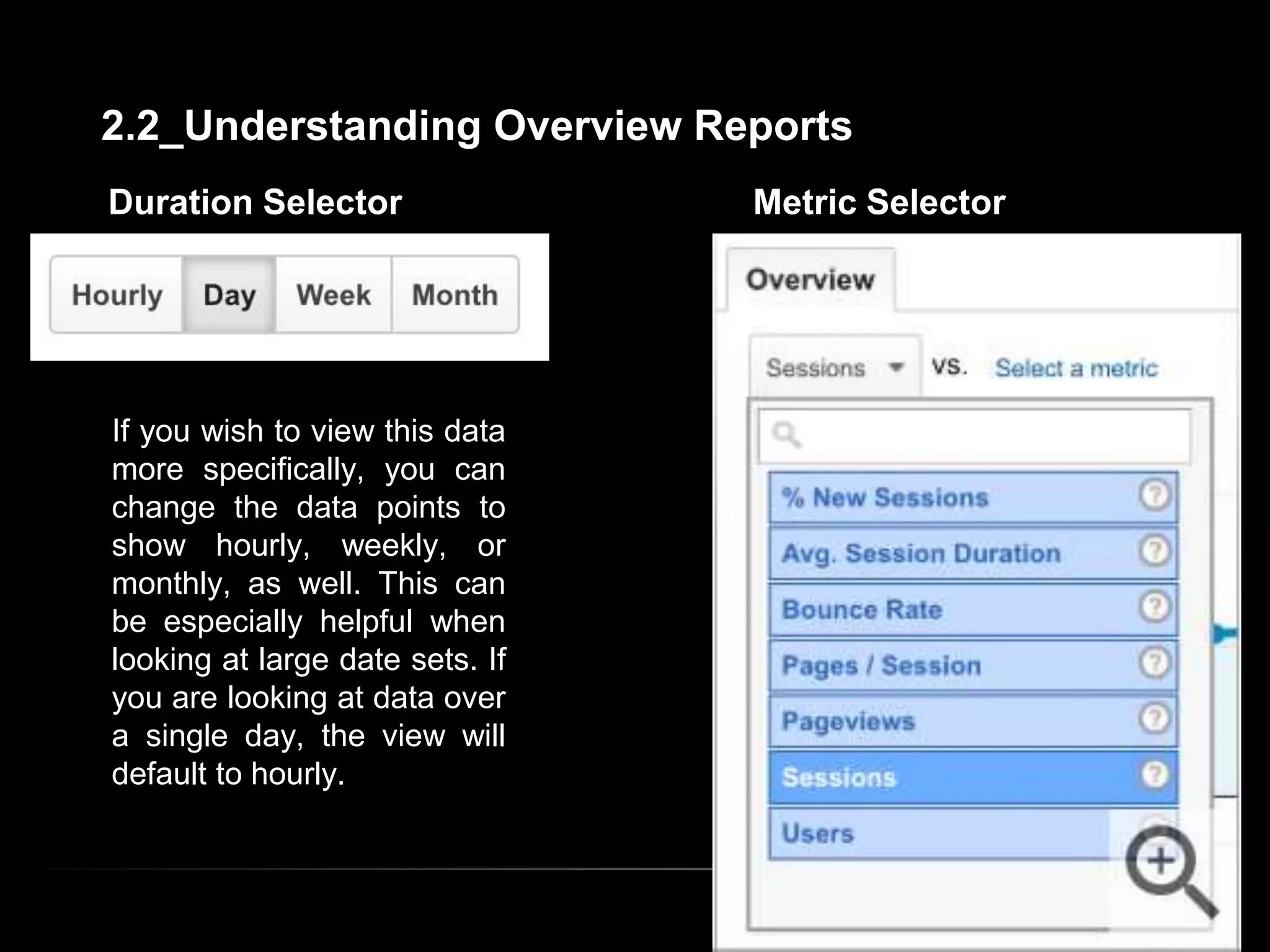 Duration Selector
If you wish to view this data
more specifically, you can
change the data points to
show hourly, weekly, or
monthly, as well. This can
be especially helpful when
looking at large date sets. If
you are looking at data over
a single day, the view will
default to hourly.
Metric Selector
2.2_Understanding Overview Reports
 