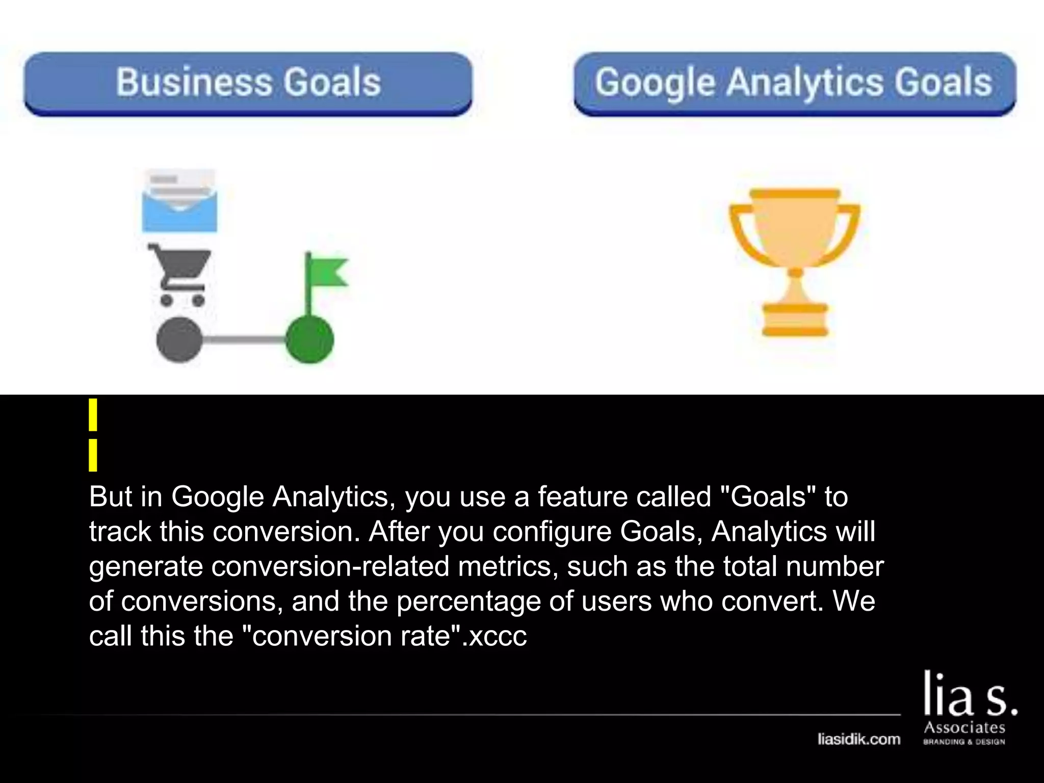 But in Google Analytics, you use a feature called "Goals" to
track this conversion. After you configure Goals, Analytics will
generate conversion-related metrics, such as the total number
of conversions, and the percentage of users who convert. We
call this the "conversion rate".xccc
 