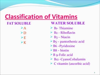 Classification of Vitamins
FAT SOLUBLE     WATER SOLUBLE
       A        B1- Thiamine
       D        B2 - Riboflavin
...