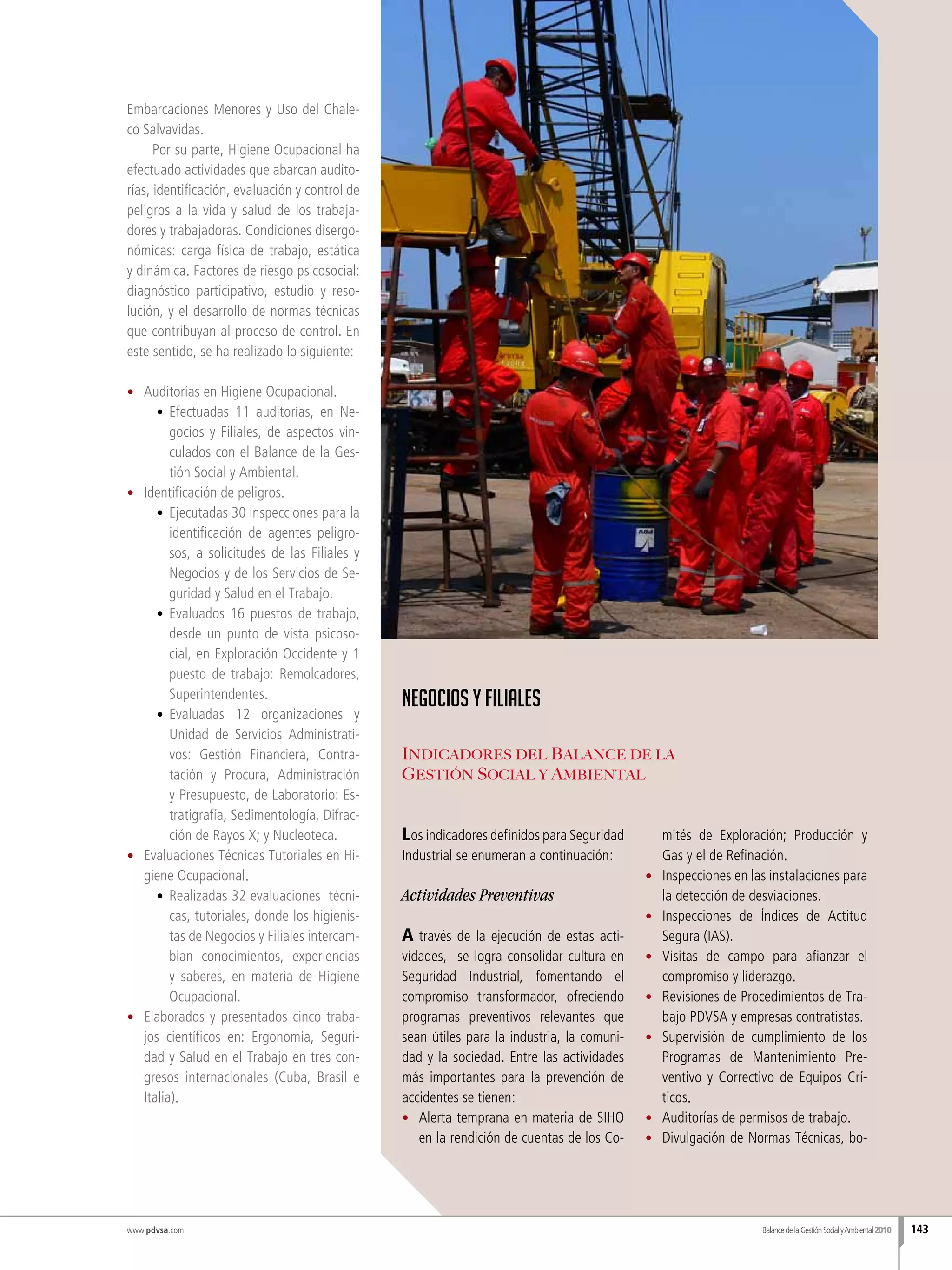 BalancedelaGestiónSocialyAmbiental2010 143
Embarcaciones Menores y Uso del Chale-
co Salvavidas.
Por su parte, Higiene Ocupacional ha
efectuado actividades que abarcan audito-
rías, identificación, evaluación y control de
peligros a la vida y salud de los trabaja-
dores y trabajadoras. Condiciones disergo-
nómicas: carga física de trabajo, estática
y dinámica. Factores de riesgo psicosocial:
diagnóstico participativo, estudio y reso-
lución, y el desarrollo de normas técnicas
que contribuyan al proceso de control. En
este sentido, se ha realizado lo siguiente:
•	 Auditorías en Higiene Ocupacional.
•	 Efectuadas 11 auditorías, en Ne-
gocios y Filiales, de aspectos vin-
culados con el Balance de la Ges-
tión Social y Ambiental.
•	 Identificación de peligros.
•	 	Ejecutadas 30 inspecciones para la
identificación de agentes peligro-
sos, a solicitudes de las Filiales y
Negocios y de los Servicios de Se-
guridad y Salud en el Trabajo.
•	 Evaluados 16 puestos de trabajo,
desde un punto de vista psicoso-
cial, en Exploración Occidente y 1
puesto de trabajo: Remolcadores,
Superintendentes.
•	 Evaluadas 12 organizaciones y
Unidad de Servicios Administrati-
vos: Gestión Financiera, Contra-
tación y Procura, Administración
y Presupuesto, de Laboratorio: Es-
tratigrafía, Sedimentología, Difrac-
ción de Rayos X; y Nucleoteca.
•	 Evaluaciones Técnicas Tutoriales en Hi-
giene Ocupacional.
•	 	Realizadas 32 evaluaciones técni-
cas, tutoriales, donde los higienis-
tas de Negocios y Filiales intercam-
bian conocimientos, experiencias
y saberes, en materia de Higiene
Ocupacional.
•	 Elaborados y presentados cinco traba-
jos científicos en: Ergonomía, Seguri-
dad y Salud en el Trabajo en tres con-
gresos internacionales (Cuba, Brasil e
Italia).
Los indicadores definidos para Seguridad
Industrial se enumeran a continuación:
Actividades Preventivas
A través de la ejecución de estas acti-
vidades, se logra consolidar cultura en
Seguridad Industrial, fomentando el
compromiso transformador, ofreciendo
programas preventivos relevantes que
sean útiles para la industria, la comuni-
dad y la sociedad. Entre las actividades
más importantes para la prevención de
accidentes se tienen:
•	 Alerta temprana en materia de SIHO
en la rendición de cuentas de los Co-
mités de Exploración; Producción y
Gas y el de Refinación.
•	 Inspecciones en las instalaciones para
la detección de desviaciones.
•	 Inspecciones de Índices de Actitud
Segura (IAS).
•	 Visitas de campo para afianzar el
compromiso y liderazgo.
•	 Revisiones de Procedimientos de Tra-
bajo PDVSA y empresas contratistas.
•	 Supervisión de cumplimiento de los
Programas de Mantenimiento Pre-
ventivo y Correctivo de Equipos Crí-
ticos.
•	 Auditorías de permisos de trabajo.
•	 Divulgación de Normas Técnicas, bo-
www.pdvsa.com
 