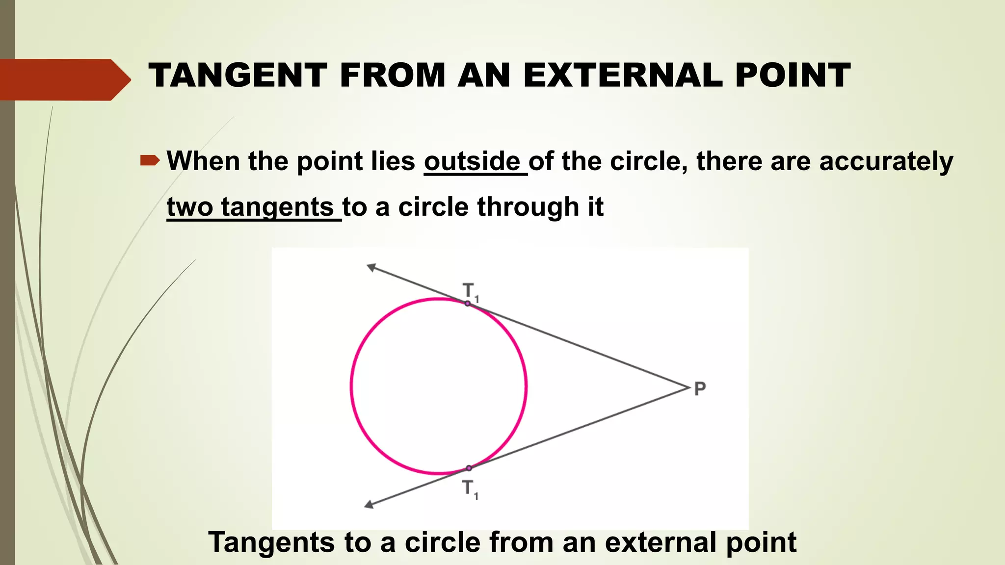 TANGENT FROM AN EXTERNAL POINT
When the point lies outside of the circle, there are accurately
two tangents to a circle through it
Tangents to a circle from an external point
 
