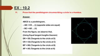 11. Prove that the parallelogram circumscribing a circle is a rhombus.
Answer:
ABCD is a parallelogram,
∴ AB = CD ... (i) (opposite sides are equal)
∴ BC = AD ... (ii)
From the figure, we observe that,
(Using Equal tangent lengths theorem)
DR = DS (Tangents to the circle at D)
CR = CQ (Tangents to the circle at C)
BP = BQ (Tangents to the circle at B)
AP = AS (Tangents to the circle at A)
EX : 10.2
 