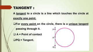 TANGENT :
A tangent to a circle is a line which touches the circle at
exactly one point.
For every point on the circle, there is a unique tangent
passing through it.
 A = Point of contact
PQ = Tangent.
 