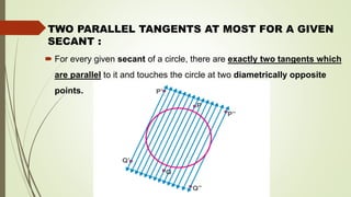 TWO PARALLEL TANGENTS AT MOST FOR A GIVEN
SECANT :
 For every given secant of a circle, there are exactly two tangents which
are parallel to it and touches the circle at two diametrically opposite
points.
 