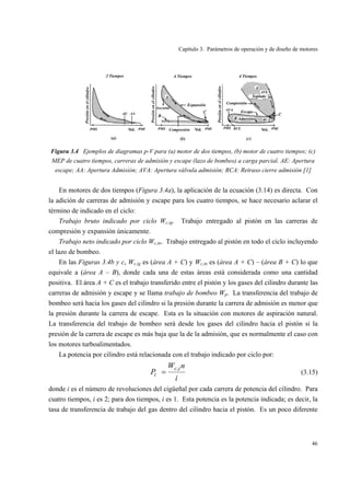 Capítulo 3. Parámetros de operación y de diseño de motores
46
Figura 3.4 Ejemplos de diagramas p-V para (a) motor de dos tiempos, (b) motor de cuatro tiempos; (c)
MEP de cuatro tiempos, carreras de admisión y escape (lazo de bombeo) a carga parcial. AE: Apertura
escape; AA: Apertura Admisión; AVA: Apertura válvula admisión; RCA: Retraso cierre admisión [1]
En motores de dos tiempos (Figura 3.4a), la aplicación de la ecuación (3.14) es directa. Con
la adición de carreras de admisión y escape para los cuatro tiempos, se hace necesario aclarar el
término de indicado en el ciclo:
Trabajo bruto indicado por ciclo Wc,ig. Trabajo entregado al pistón en las carreras de
compresión y expansión únicamente.
Trabajo neto indicado por ciclo Wc,in. Trabajo entregado al pistón en todo el ciclo incluyendo
el lazo de bombeo.
En las Figuras 3.4b y c, Wc,ig es (área A + C) y Wc,in es (área A + C) – (área B + C) lo que
equivale a (área A – B), donde cada una de estas áreas está considerada como una cantidad
positiva. El área A + C es el trabajo transferido entre el pistón y los gases del cilindro durante las
carreras de admisión y escape y se llama trabajo de bombeo Wp. La transferencia del trabajo de
bombeo será hacia los gases del cilindro si la presión durante la carrera de admisión es menor que
la presión durante la carrera de escape. Esta es la situación con motores de aspiración natural.
La transferencia del trabajo de bombeo será desde los gases del cilindro hacia el pistón si la
presión de la carrera de escape es más baja que la de la admisión, que es normalmente el caso con
los motores turboalimentados.
La potencia por cilindro está relacionada con el trabajo indicado por ciclo por:
i
nW
P
ic
i
,
= (3.15)
donde i es el número de revoluciones del cigüeñal por cada carrera de potencia del cilindro. Para
cuatro tiempos, i es 2; para dos tiempos, i es 1. Esta potencia es la potencia indicada; es decir, la
tasa de transferencia de trabajo del gas dentro del cilindro hacia el pistón. Es un poco diferente
 
