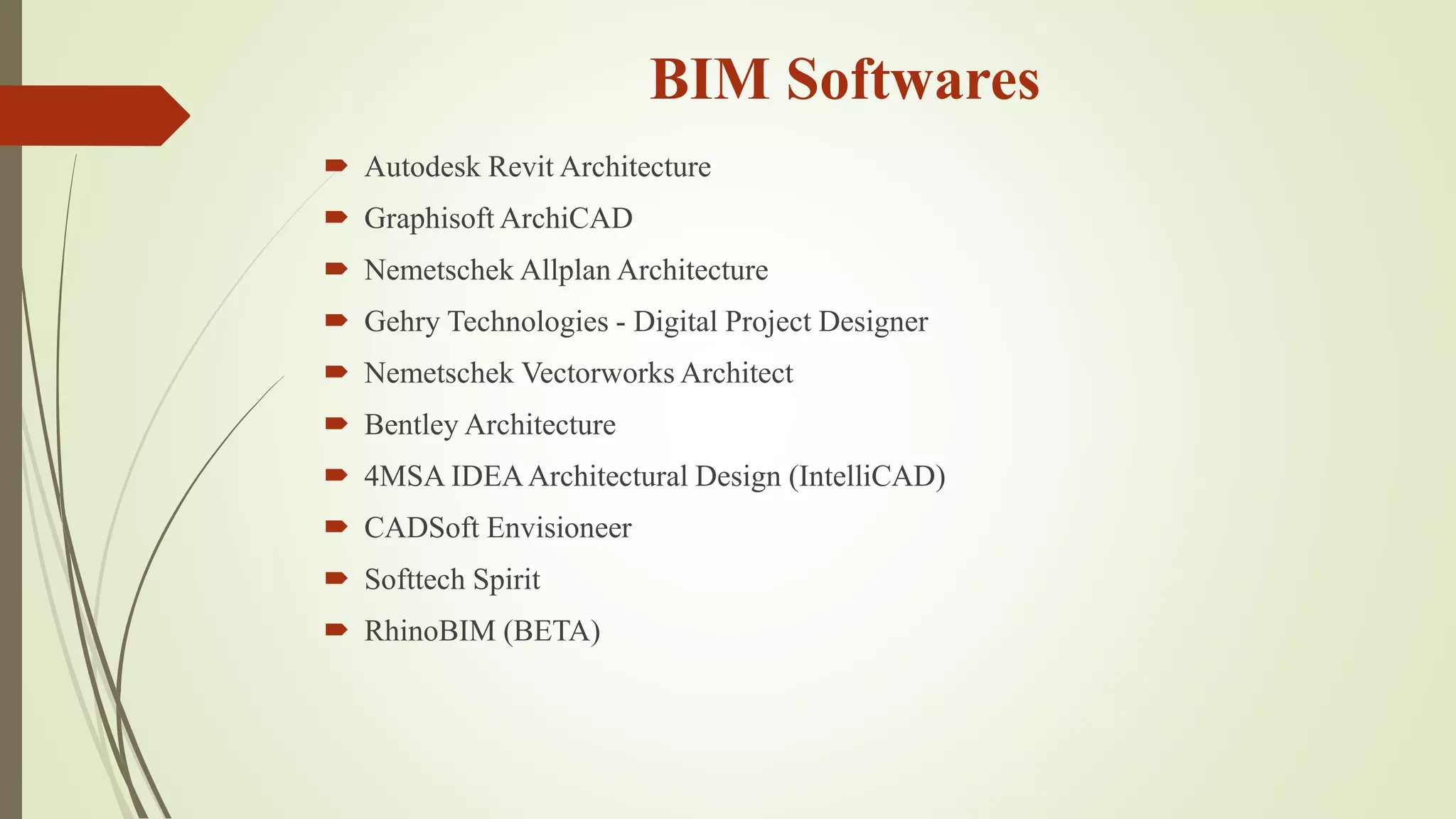 BIM Softwares
 Autodesk Revit Architecture
 Graphisoft ArchiCAD
 Nemetschek Allplan Architecture
 Gehry Technologies - Digital Project Designer
 Nemetschek Vectorworks Architect
 Bentley Architecture
 4MSA IDEAArchitectural Design (IntelliCAD)
 CADSoft Envisioneer
 Softtech Spirit
 RhinoBIM (BETA)
 