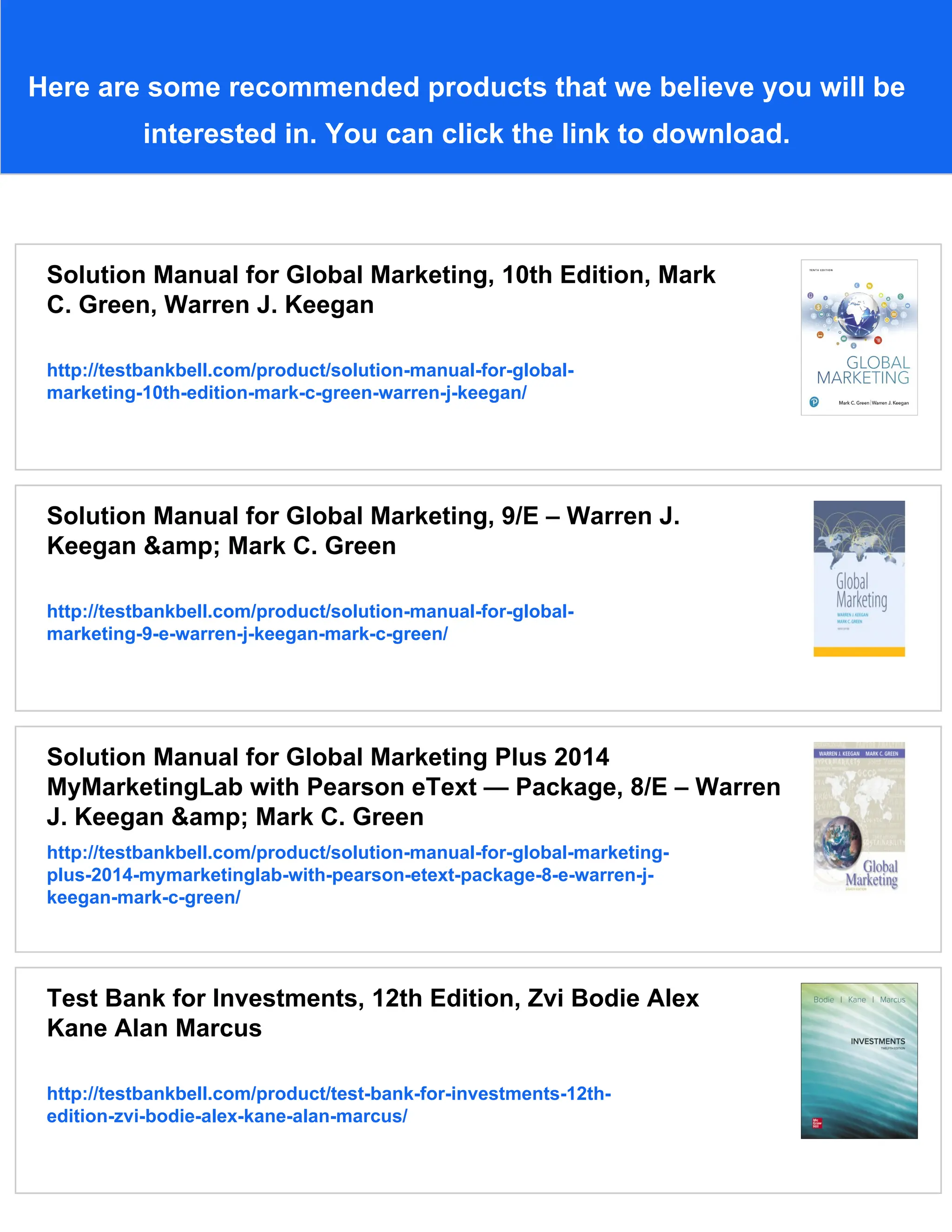 Test Bank for Global Marketing, 10th Edition, Mark C. Green