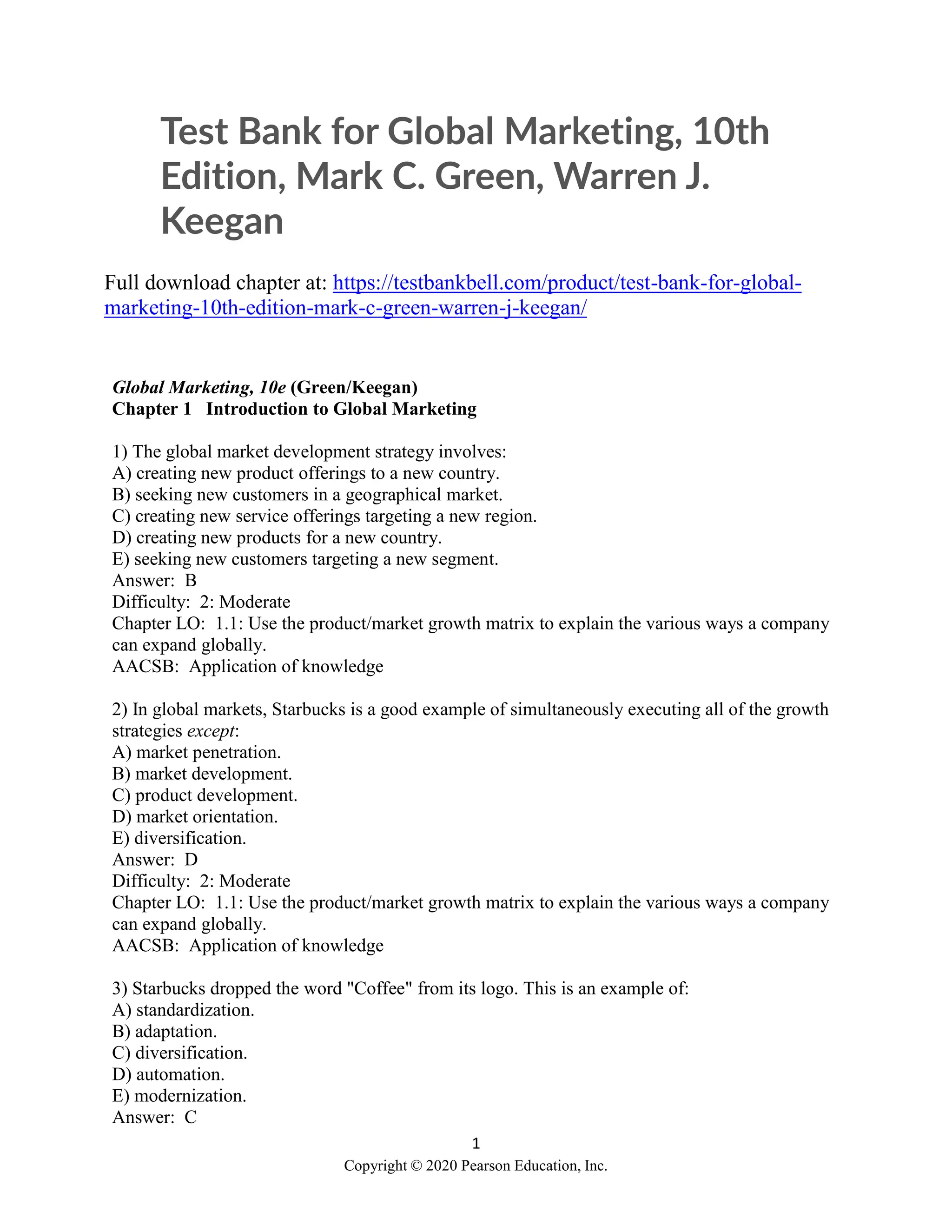 Test Bank for Global Marketing, 10th Edition, Mark C. Green