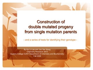 Construction ofConstruction of
double mutated progenydouble mutated progeny
from single mutation parentsfrom single mutation parents
By Ka Lo Lee and Joe Yee Wong
Chemistry Research 3913
Queens College CUNY Department of Chemistry and Biochemistry
Fall 2009
- and a series of tests for identifying their genotype -
 