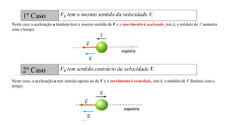 1º Caso FR tem o mesmo sentido da velocidade V.
Neste caso a aceleração a também tem o mesmo sentido de V e o movimento é acelerado, isto é, o módulo de V aumenta
com o tempo.
2º Caso FR tem sentido contrário da velocidade V.
Neste caso, a aceleração a tem sentido oposto ao de V e o movimento é retardado, isto é, o módulo de V diminui com o
tempo.
 