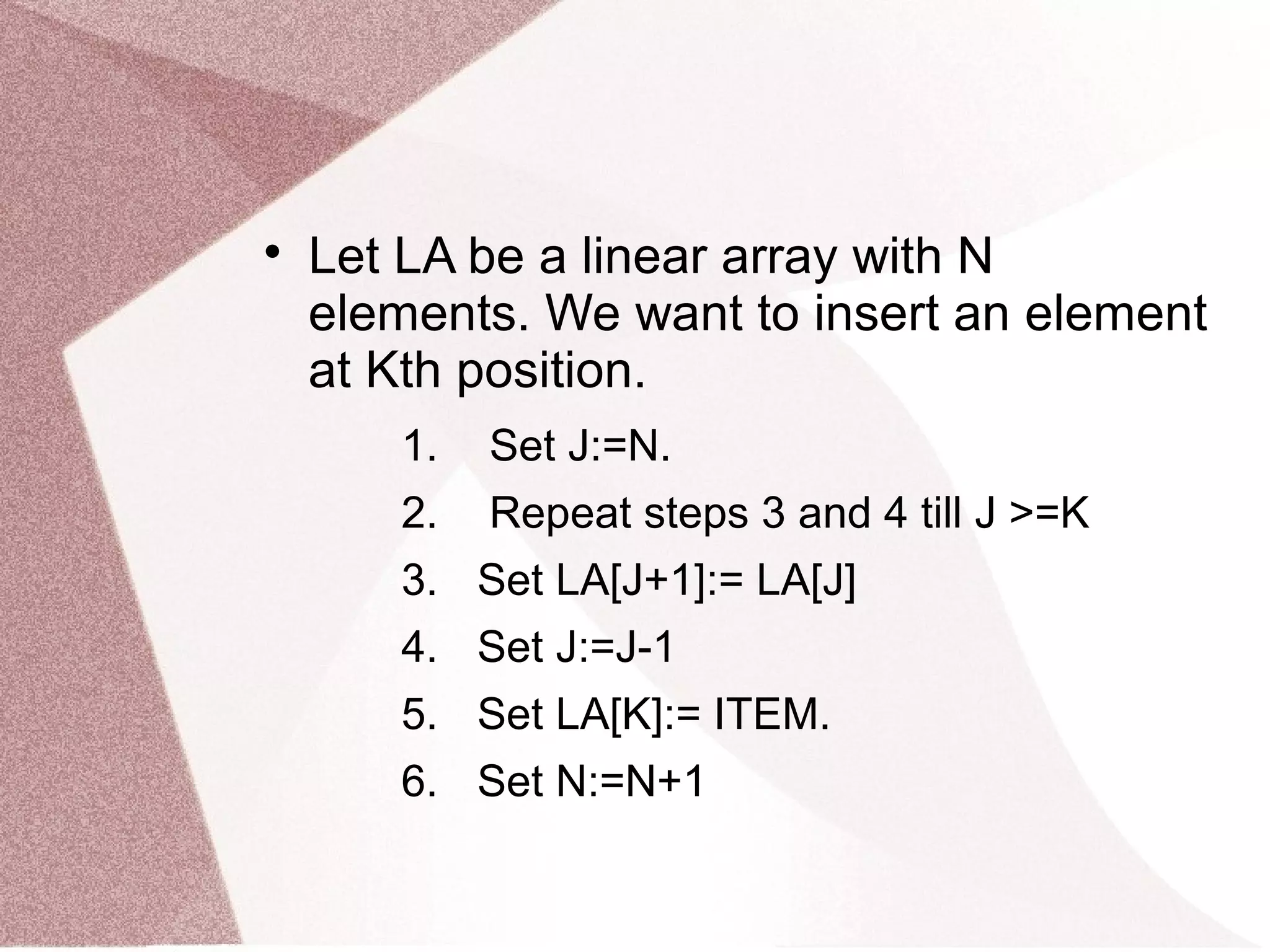 
Let LA be a linear array with N
elements. We want to insert an element
at Kth position.
1. Set J:=N.
2. Repeat steps 3 and 4 till J >=K
3. Set LA[J+1]:= LA[J]
4. Set J:=J-1
5. Set LA[K]:= ITEM.
6. Set N:=N+1
 