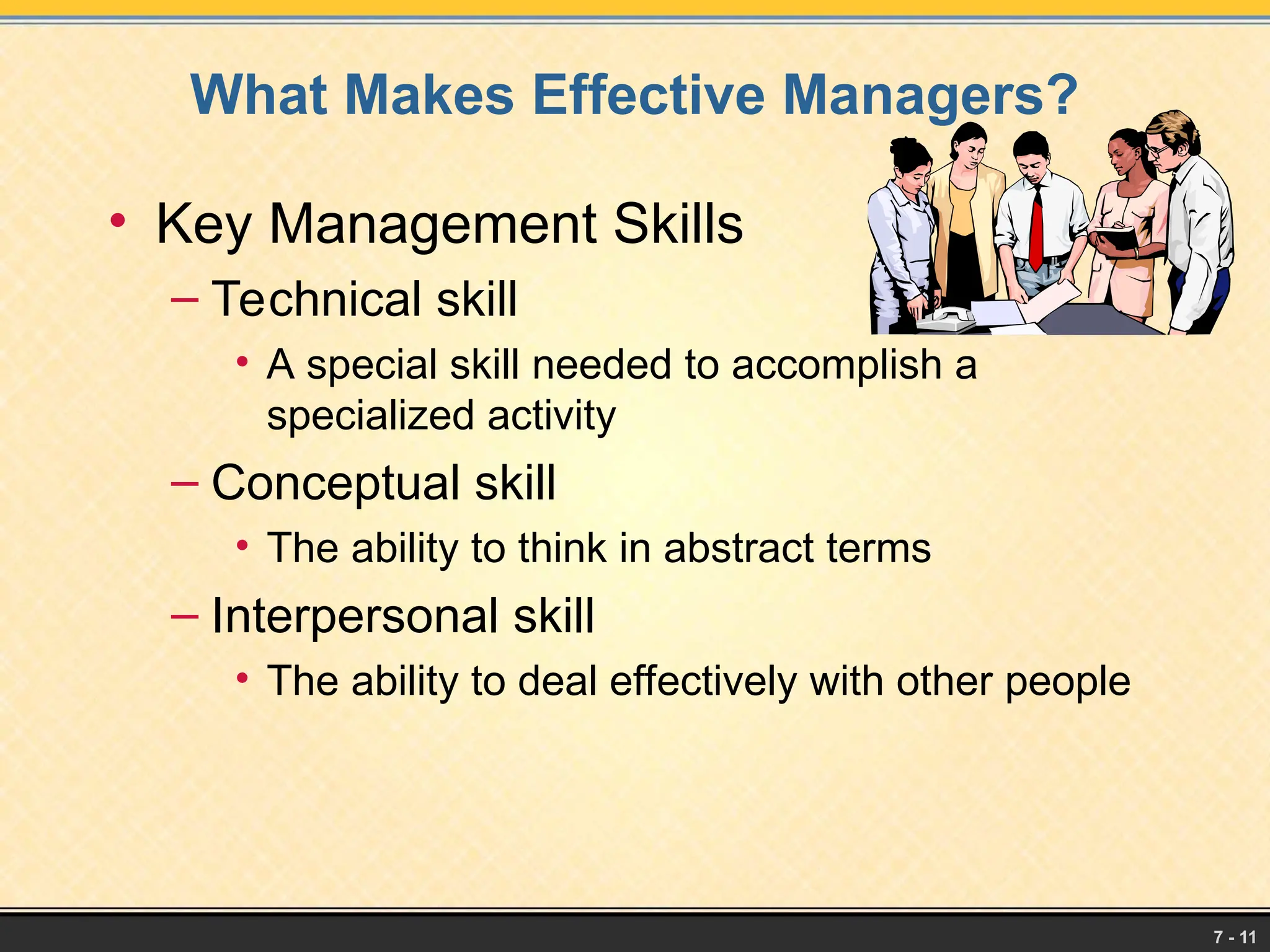 7 - 11
What Makes Effective Managers?
• Key Management Skills
– Technical skill
• A special skill needed to accomplish a
specialized activity
– Conceptual skill
• The ability to think in abstract terms
– Interpersonal skill
• The ability to deal effectively with other people
 