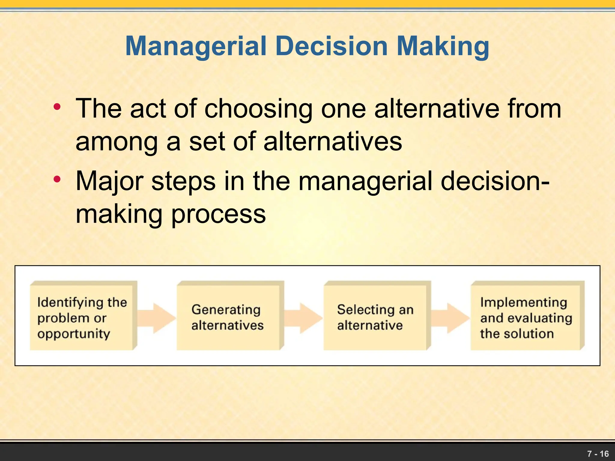 7 - 16
Managerial Decision Making
• The act of choosing one alternative from
among a set of alternatives
• Major steps in the managerial decision-
making process
 