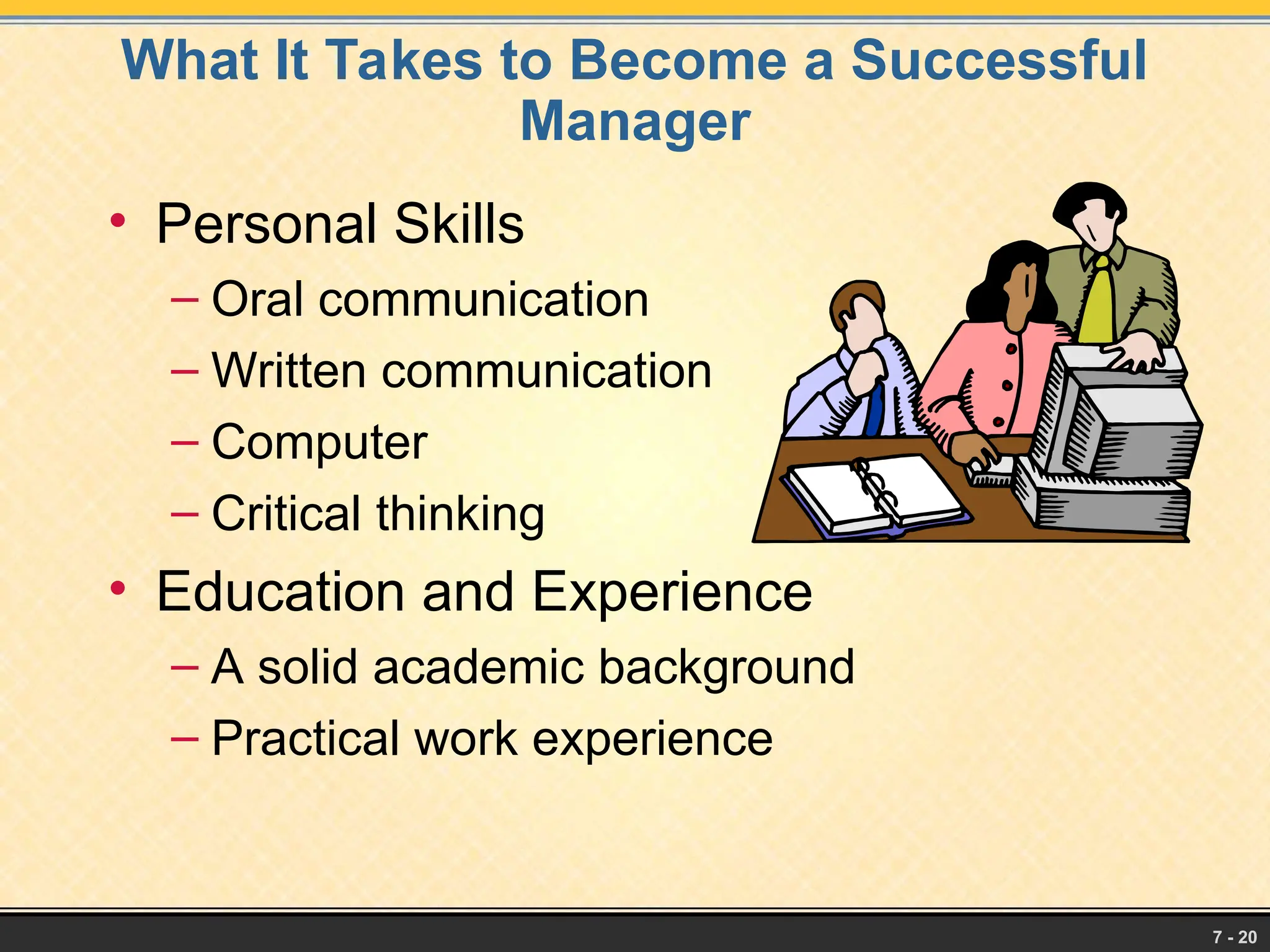 7 - 20
What It Takes to Become a Successful
Manager
• Personal Skills
– Oral communication
– Written communication
– Computer
– Critical thinking
• Education and Experience
– A solid academic background
– Practical work experience
 