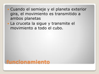funcionamiento
 Cuando el semieje y el planeta exterior
gira, el movimiento es transmitido a
ambos planetas
 La cruceta la sigue y transmite el
movimiento a todo el cubo.
 