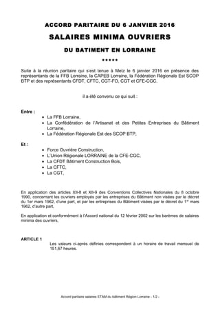 ACCORD PARITAIRE DU 6 JANVIER 2016
SALAIRES MINIMA OUVRIERS
DU BATIMENT EN LORRAINE
*****
Suite à la réunion paritaire qui s’est tenue à Metz le 6 janvier 2016 en présence des
représentants de la FFB Lorraine, la CAPEB Lorraine, la Fédération Régionale Est SCOP
BTP et des représentants CFDT, CFTC, CGT-FO, CGT et CFE-CGC.
il a été convenu ce qui suit :
Entre :
• La FFB Lorraine,
• La Confédération de l’Artisanat et des Petites Entreprises du Bâtiment
Lorraine,
• La Fédération Régionale Est des SCOP BTP,
Et :
• Force Ouvrière Construction,
• L’Union Régionale LORRAINE de la CFE-CGC,
• La CFDT Bâtiment Construction Bois,
• La CFTC,
• La CGT,
En application des articles XII-8 et XII-9 des Conventions Collectives Nationales du 8 octobre
1990, concernant les ouvriers employés par les entreprises du Bâtiment non visées par le décret
du 1er mars 1962, d’une part, et par les entreprises du Bâtiment visées par le décret du 1er
mars
1962, d’autre part,
En application et conformément à l’Accord national du 12 février 2002 sur les barèmes de salaires
minima des ouvriers,
ARTICLE 1
Les valeurs ci-après définies correspondent à un horaire de travail mensuel de
151,67 heures.
Accord paritaire salaires ETAM du bâtiment Région Lorraine - 1/2 -
 