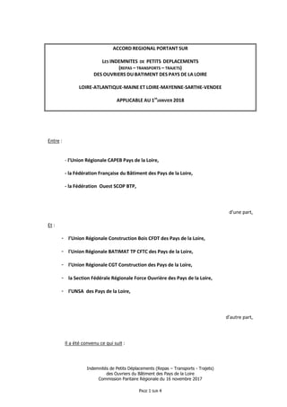 Indemnités de Petits Déplacements (Repas – Transports - Trajets)
des Ouvriers du Bâtiment des Pays de la Loire
Commission ...