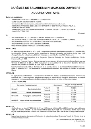 Page1/2
BARÈMES DE SALAIRES MINIMAUX DES OUVRIERS
ACCORD PARITAIRE
ENTRE LES SOUSSIGNES :
- FEDERATION FRANCAISE DU BATIME...