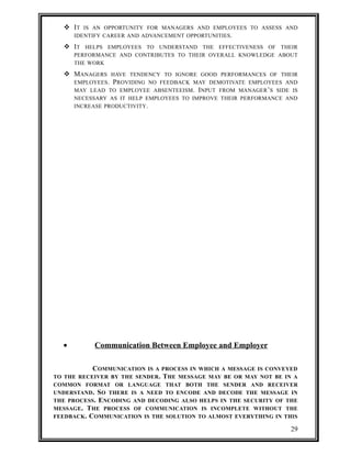  IT IS AN OPPORTUNITY FOR MANAGERS AND EMPLOYEES TO ASSESS AND 
IDENTIFY CAREER AND ADVANCEMENT OPPORTUNITIES. 
 IT HELPS EMPLOYEES TO UNDERSTAND THE EFFECTIVENESS OF THEIR 
PERFORMANCE AND CONTRIBUTES TO THEIR OVERALL KNOWLEDGE ABOUT 
THE WORK 
 MANAGERS HAVE TENDENCY TO IGNORE GOOD PERFORMANCES OF THEIR 
EMPLOYEES. PROVIDING NO FEEDBACK MAY DEMOTIVATE EMPLOYEES AND 
MAY LEAD TO EMPLOYEE ABSENTEEISM. INPUT FROM MANAGER’S SIDE IS 
NECESSARY AS IT HELP EMPLOYEES TO IMPROVE THEIR PERFORMANCE AND 
INCREASE PRODUCTIVITY. 
· Communication Between Employee and Employer 
COMMUNICATION IS A PROCESS IN WHICH A MESSAGE IS CONVEYED 
TO THE RECEIVER BY THE SENDER. THE MESSAGE MAY BE OR MAY NOT BE IN A 
COMMON FORMAT OR LANGUAGE THAT BOTH THE SENDER AND RECEIVER 
UNDERSTAND. SO THERE IS A NEED TO ENCODE AND DECODE THE MESSAGE IN 
THE PROCESS. ENCODING AND DECODING ALSO HELPS IN THE SECURITY OF THE 
MESSAGE. THE PROCESS OF COMMUNICATION IS INCOMPLETE WITHOUT THE 
FEEDBACK. COMMUNICATION IS THE SOLUTION TO ALMOST EVERYTHING IN THIS 
29 
 