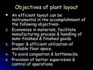 Objectives of plant layout An efficient layout can be instrumental in the accomplishment of the following objectives- Economies in materials, facilitate manufacturing process & handling of semi-finished & finished goods. Proper & efficient utilization of available floor space. To avoid congestion & bottlenecks. Provision of better supervision & control of operations. 
