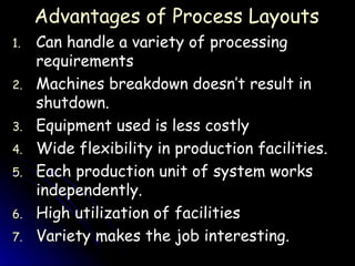 Can handle a variety of processing requirements Machines breakdown doesn’t result in shutdown. Equipment used is less costly Wide flexibility in production facilities. Each production unit of system works independently. High utilization of facilities Variety makes the job interesting. Advantages of Process Layouts 
