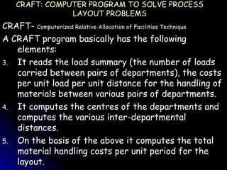 CRAFT: COMPUTER PROGRAM TO SOLVE PROCESS LAYOUT PROBLEMS CRAFT-  Computerized Relative Allocation of Facilities Technique A CRAFT program basically has the following elements: It reads the load summary (the number of loads carried between pairs of departments), the costs per unit load per unit distance for the handling of materials between various pairs of departments. It computes the centres of the departments and computes the various inter-departmental distances. On the basis of the above it computes the total material handling costs per unit period for the layout. 