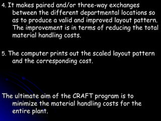 4.  It makes paired and/or three-way exchanges between the different departmental locations so as to produce a valid and improved layout pattern. The improvement is in terms of reducing the total material handling costs.  5.  The computer prints out the scaled layout pattern and the corresponding cost. The ultimate aim of the CRAFT program is to minimize the material handling costs for the entire plant. 