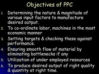 Objectives of PPC Determining the nature & magnitude of various input factors to manufacture desired output. To co-ordinate labor, machines in the most economic manner Setting targets & checking these against performance. Ensuring smooth flow of material by eliminating bottlenecks if any Utilization of under employed resources To produce desired output of right quality & quantity at right time. 