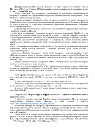 Держприкордонслужба інформує: Кабінет Міністрів України вніс перелік змін до
Постанови № 641 від 22 липня 2020 року, котра встановлює карантинні правила на період
з 1 по 31 серпня 2020 року.
Згідно з рішенням Уряду розширено категорію осіб, що перетинають державний кордон
та прибули з держави або є громадянами (підданими) держав із значним поширенням COVID-
19, яким не обов’язкова самоізоляція.
Зокрема, до переліку потрапили особи, які мають негативний результат тестування на
COVID-19 методом полімеразної ланцюгової реакції, який проведено не більш як за 48 годин
до перетину кордону, та особи, котрі здійснюють перевезення гемопоетичних стовбурових
клітин для трансплантації.
Окремо нагадаємо, що виняток щодо самоізоляції при перетині кордону також становлять:
- особи, які не досягли 12 років;
- особи, які є громадянами (підданими) держав із значним поширенням COVID-19 та не
перебували на території таких держав протягом останніх 14 днів або прямують територією
України транзитом і мають документи, що підтверджують виїзд за кордон протягом двох діб;
- працівники дипломатичних представництв та консульських установ іноземних держав,
представництв офіційних міжнародних місій, організацій, акредитованих в Україні, та членів їх
сімей;
- водії та члени екіпажу вантажних транспортних засобів, автобусів, що здійснюють регулярні
перевезення, члени екіпажів повітряних і морських, річкових суден, члени поїздних і
локомотивних бригад;
- інструктори збройних сил держав – членів НАТО та держав – учасниць програми НАТО
«Партнерство заради миру», які беруть участь у заходах з підготовки підрозділів Збройних Сил;
- діячі культури за запрошенням закладу культури разом з однією особою, що супроводжує
кожного з них.
Перелік держав із значним поширенням COVID-19 формується Міністерством охорони
здоров’я та переглядається кожні сім днів.
Особа, яка підлягає самоізоляції у зв’язку з перетином державного кордону, зобов’язана
встановити та активувати мобільний додаток «Дій вдома». У разі неможливості встановлення
такого мобільного додатка особа підлягає обсервації.
Міністерство оборони повідомляє: станом на 17 серпня в Збройних Силах України на
гостру респіраторну хворобу COVID-19, спричинену коронавірусом SARS-CoV-2, хворіє 427
осіб.
Всього за час пандемії одужало — 772 осіб, летальних випадків — 6.
На ізоляції (втому числі самоізоляція) перебуває 737 осіб. Кількість військовослужбовців,
у яких закінчується ізоляція найближчих три доби — 125 осіб.
За минулу добу зареєстровано 3 нових випадки захворювання на гостру респіраторну
хворобу COVID-19.
Telegram-канал «Коронавірус в цифрах» розповідає: українська економіка почала
відновлюватися.
У третьому кварталі економіка України почала відновлюватися. Про це повідомив
прем'єр-міністр України Денис Шмигаль на своїй сторінці у фейсбуці
https://www.facebook.com/dshmyhal/?ref=page_internal
За словами прем’єра, на цей процес, крім відновлення споживання, позитивно вплинув
збір врожаю, який фактично перенісся з другого кварталу на третій через погодні умови. Також,
згідно з прогнозами Мінекономіки, в наступні 3 роки ВВП буде зростати в середньому більш
ніж на 4% щорічно.
Також Шмигаль відзначив, що коронакриза викликала одну з найбільших економічних
рецесій за останні 70 років: «Фактично всі світові економіки показали стрімкий рівень падіння
ВВП у другому кварталі: Іспанія – 22,1%, Велика Британія – 21,7%, Франція – 19%, Німеччина
– 11,7%, Україна – 11,4%, США – 9,5%, Польща - 7,9%».
 
