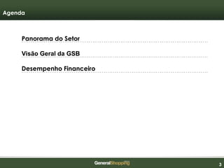 333
Visão Geral da GSB
Agenda
Panorama do Setor
Desempenho Financeiro
 