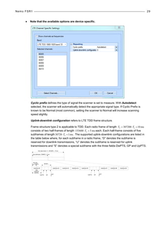 Nemo FSR1 29
♦ Note that the available options are device specific.
Cyclic prefix defines the type of signal the scanner is set to measure. With Autodetect
selected, the scanner will automatically detect the appropriate signal type. If Cyclic Prefix is
known to be Normal (most common), setting the scanner to Normal will increase scanning
speed slightly.
Uplink-downlink configuration refers to LTE TDD frame structure.
Frame structure type 2 is applicable to TDD. Each radio frame of length ms10307200 sf =⋅= TT
consists of two half-frames of length ms5153600 s =⋅T each. Each half-frame consists of five
subframes of length ms107203 s =⋅T . The supported uplink-downlink configurations are listed in
the table below where, for each subframe in a radio frame, “D” denotes the subframe is
reserved for downlink transmissions, “U” denotes the subframe is reserved for uplink
transmissions and “S” denotes a special subframe with the three fields DwPTS, GP and UpPTS.
One slot,
Tslot=15360Ts
GP
UpPT
S
DwPTS
One radio frame, Tf = 307200Ts = 10 ms
One half-frame, 153600Ts = 5 ms
30720Ts
One
subframe,
30720Ts
GP
UpPT
S
DwPTS
Subframe #2 Subframe #3 Subframe #4Subframe #0 Subframe #5 Subframe #7 Subframe #8 Subframe #9
 
