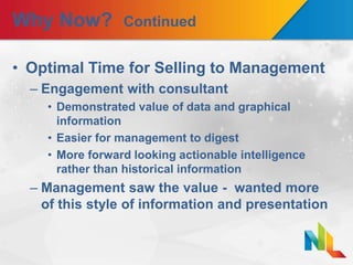 Why Now? Continued
• Optimal Time for Selling to Management
– Engagement with consultant
• Demonstrated value of data and graphical
information
• Easier for management to digest
• More forward looking actionable intelligence
rather than historical information
– Management saw the value - wanted more
of this style of information and presentation
 