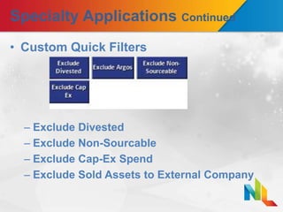 Specialty Applications Continued
• Custom Quick Filters
– Exclude Divested
– Exclude Non-Sourcable
– Exclude Cap-Ex Spend
– Exclude Sold Assets to External Company
 