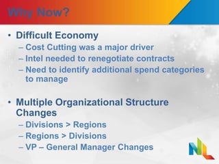 Why Now?
• Difficult Economy
– Cost Cutting was a major driver
– Intel needed to renegotiate contracts
– Need to identify additional spend categories
to manage
• Multiple Organizational Structure
Changes
– Divisions > Regions
– Regions > Divisions
– VP – General Manager Changes
 