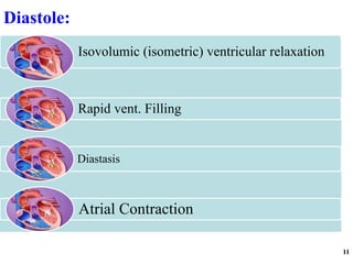 Diastole:
11
Isovolumic (isometric) ventricular relaxation
Rapid vent. Filling
Diastasis
Atrial Contraction
 