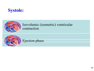 Systole:
12
Isovolumic (isometric) ventricular
contraction
Ejection phase
 