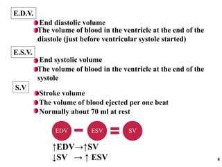 The volume of blood in the ventricle at the end of the
systole
EDV ESV SV
8
E.D.V.
E.S.V.
S.V
The volume of blood in the ventricle at the end of the
diastole (just before ventricular systole started)
End diastolic volume
End systolic volume
The volume of blood ejected per one beat
Stroke volume
↑EDV→↑SV
↓SV → ↑ ESV
Normally about 70 ml at rest
 