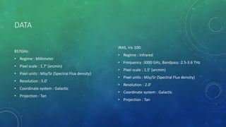 DATA
857GHz:
• Regime : Millimeter
• Pixel scale : 1.7’ (arcmin)
• Pixel units : MJy/Sr (Spectral Flux density)
• Resolution : 5.0’
• Coordinate system : Galactic
• Projection : Tan
IRAS, iris 100:
• Regime : Infrared
• Frequency :3000 GHz, Bandpass :2.5-3.6 THz
• Pixel scale : 1.5’ (arcmin)
• Pixel units : MJy/Sr (Spectral Flux density)
• Resolution : 2.0’
• Coordinate system : Galactic
• Projection : Tan
 