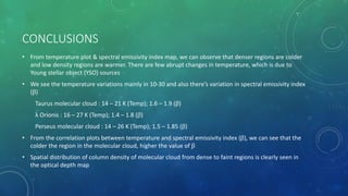 CONCLUSIONS
• From temperature plot & spectral emissivity index map, we can observe that denser regions are colder
and low density regions are warmer. There are few abrupt changes in temperature, which is due to
Young stellar object (YSO) sources
• We see the temperature variations mainly in 10-30 and also there’s variation in spectral emissivity index
(β)
Taurus molecular cloud : 14 – 21 K (Temp); 1.6 – 1.9 (β)
λ Orionis : 16 – 27 K (Temp); 1.4 – 1.8 (β)
Perseus molecular cloud : 14 – 26 K (Temp); 1.5 – 1.85 (β)
• From the correlation plots between temperature and spectral emissivity index (β), we can see that the
colder the region in the molecular cloud, higher the value of β
• Spatial distribution of column density of molecular cloud from dense to faint regions is clearly seen in
the optical depth map
 