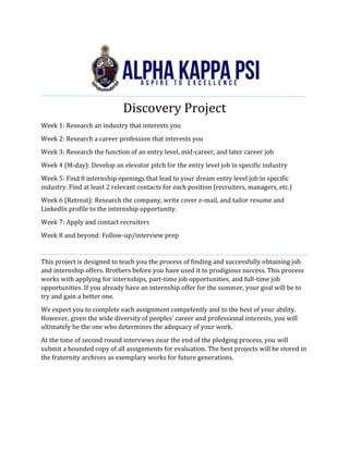 Discovery Project
Week 1: Research an industry that interests you
Week 2: Research a career profession that interests you
Week 3: Research the function of an entry level, mid-career, and later career job
Week 4 (M-day): Develop an elevator pitch for the entry level job in specific industry
Week 5: Find 8 internship openings that lead to your dream entry level job in specific
industry. Find at least 2 relevant contacts for each position (recruiters, managers, etc.)
Week 6 (Retreat): Research the company, write cover e-mail, and tailor resume and
LinkedIn profile to the internship opportunity.
Week 7: Apply and contact recruiters
Week 8 and beyond: Follow-up/interview prep
This project is designed to teach you the process of finding and successfully obtaining job
and internship offers. Brothers before you have used it to prodigious success. This process
works with applying for internships, part-time job opportunities, and full-time job
opportunities. If you already have an internship offer for the summer, your goal will be to
try and gain a better one.
We expect you to complete each assignment competently and to the best of your ability.
However, given the wide diversity of peoples’ career and professional interests, you will
ultimately be the one who determines the adequacy of your work.
At the time of second round interviews near the end of the pledging process, you will
submit a bounded copy of all assignments for evaluation. The best projects will be stored in
the fraternity archives as exemplary works for future generations.
 