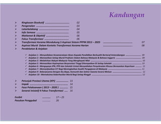 Page1
Ringkasan Eksekutif ………………………………..
0
2
Pengenalan …………………………………………….
0
3
Latarbelakang ………………………………………..
0
4
Info Semasa ……………………………………………
0
5
Matlamat & Objektif ………………………………
0
6
Fokus Transformasi ………………………………..
0
6
Transformasi Asrama Mendukung 5 Aspirasi Sistem PPPM 2013 – 2025 ……………………………………….
0
7
Aspirasi Murid Dalam Konteks Transformasi Asrama Harian ……………………………………….
0
8
Pendekatan & Anjakan
Anjakan 1 : Menyediakan Kesamarataan Akses Kepada Pendidikan Berkualiti Bertaraf Antarabangsa ……………………….
0
9
Anjakan 2 : Memastikan Setiap Murid Profisien Dalam Bahasa Malaysia & Bahasa Inggeris ……………………………………….
0
9
Anjakan 3 : Melahirkan Rakyat Malaysia Yang Menghayati Nilai ………………………………………………………………………………….
1
0
Anjakan 5 : Memastikan Kepimpinan Berprestasi Tinggi Ditempatkan Di Setiap Sekolah ……………………………………………..
1
0
Anjakan 6 : Mengupaya JPN, PPD dan Sekolah Untuk Menyediakan Penyelesaian Khusus Berasaskan Keperluan ………..
1
1
Anjakan 7 : Memanfaatkan ICT Bagi Meningkatkan Kualiti Pengajaran di Malaysia …………………………………………………….
1
1
Anjakan 9 : Bekerjasama Dengan Ibu Bapa, Komuniti dan Sektor Swasta Secara Meluas ……………………………………………..
1
2
Anjakan 10 : Memaksima Keberhasilan Murid Bagi Setiap Ringgit ………………………………………………………………………………..
1
2
Petunjuk Prestasi Utama (KPI) ……………….
1
3
Impak ……………………………………………………
1
4
Fasa Pelaksanaan ( 2013 – 2020 ) ………….
1
5
Senarai Inisiatif 4 Fokus Transformasi …..
1
6
Exsibit ………….
1
7
–
2
5
Pasukan Penggubal
…
…
…
…
.
2
6
Kandungan
 