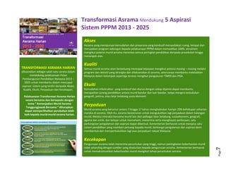 Page7
TRANSFORMASI ASRAMA HARIAN
dihasratkan sebagai salah satu sarana dalam
mendokong pelaksanaan Pelan
Pembangunan Pendidikan Malaysia 2013 –
2025 untuk membantu dalam mencapai
aspirasi sistem yang terdiri daripada Akses,
Kualiti, Ekuiti, Perpaduan dan Kecekapan.
Pelaksanaan Transformasi Asrama Harian
secara bersama dan bersepadu dengan
tema “ Kemenjadian Murid Asrama
Tanggungjawab Bersama “ diharapkan
dapat memperlihatkan perubahan lebih
baik kepada murid-murid asrama harian.
Akses
Asrama yang mempunyai kemudahan dan prasarana yang kondusif menyediakan ruang, tempat dan
merupakan program sokongan kepada pelaksanaan PPPM dalam memastikan 100% enrolmen
mengikut potensi murid asrama merentas semua peringkat pendidikan daripada prasekolah hingga
menengah atas.
Kualiti
Semua murid asrama akan berpeluang mencapai kejayaan mengikut potensi masing – masing melalui
program dan aktiviti yang dirangka dan dilaksanakan di asrama, seterusnya membantu meletakkan
Malaysia dalam kelompok sepertiga teratas mengikut pengukuran TIMSS dan PISA.
Ekuiti
Kemudahan infastruktur yang kondusif dan diurus dengan cekap dijamin dapat membantu
merapatkan jurang pendidikan antara murid bandar dan luar bandar, tanpa mengira kedudukan
geografi, jantina, atau latar belakang sosio ekonomi
Perpaduan
Murid asrama yang berumur antara 7 hingga 17 tahun menghabiskan hampir 29% kehidupan seharian
mereka di asrama. Oleh itu, asrama berperanan untuk mengukuhkan lagi perpaduan dalam kalangan
murid. Melalui interaksi bersama murid lain dari pelbagai latar belakang, sosioekonomi, geografi,
agama dan etnik, dan belajar untuk memahami, menerima serta menghayati perbezaan, satu
perkongsian pengalaman dan aspirasi dapat dibentuk. Kementerian berhasrat untuk menjana satu
sistem pendidikan yang memberi peluang kepada murid, berkongsi pengalaman dan aspirasi demi
membentuk dan memperkukuhkan lagi asas perpaduan rakyat Malaysia.
Kecekapan
Pengurusan asrama telah menerima peruntukan yang tinggi, namun peningkatan keberhasilan murid
tidak setanding dengan sumber yang disalurkan kepada pengurusan asrama. Kementerian berhasrat
untuk memaksimumkan keberhasilan murid mengikut tahap peruntukan semasa.
Transformasi Asrama Mendukung 5 Aspirasi
Sistem PPPM 2013 - 2025
 